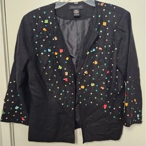 Silkland Vtg Jacket Linen Sz 8 Black Beaded Sequin 3/4 Sleeves Art to Wear Artsy